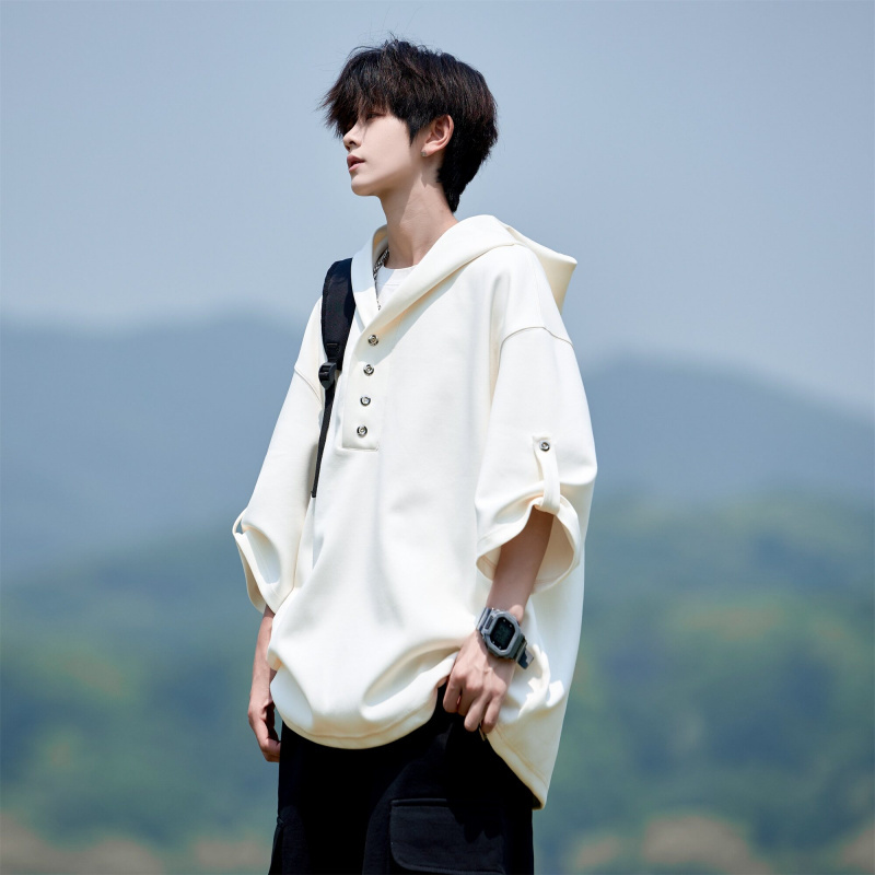Summer Solid Color Ice Silk Cool Hooded Short-Sleeve T-Shirt for Men, American Style Trendy Brand, Heavyweight Loose Versatile Sports Hoodie Summer Solid Color Ice Silk Cool Hooded Short-Sleeve T-Shirt for Men, American Style Trendy Brand, Heavyweight Loose Versatile Sports Hoodie