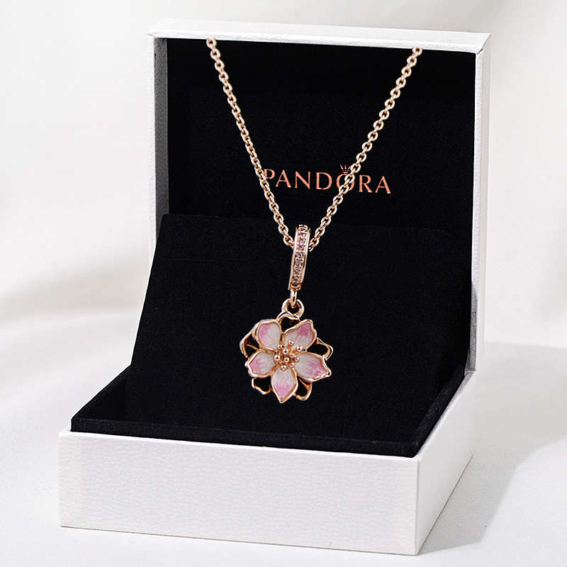 Pandora Sakura Spring Necklace Set Rose Gold Cherry Blossom Gift Zt2325 Light Luxury for Girlfriend