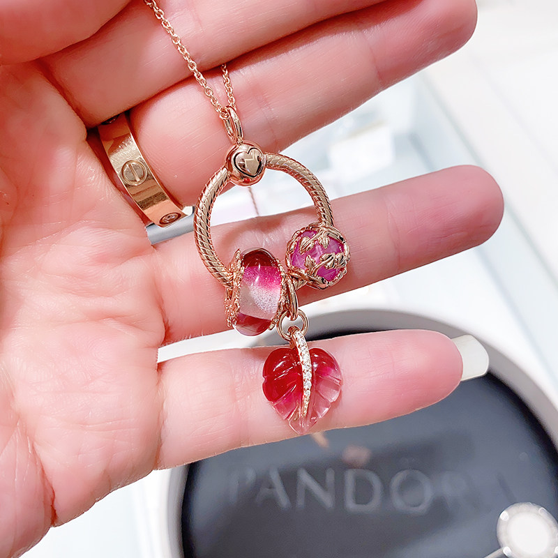 Pandora necklace women's official website Natural beauty Rose gold pink Murano glass pendant women's suit