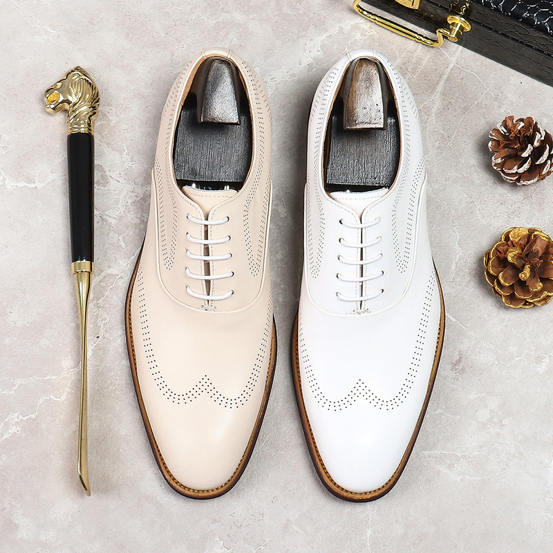 White Leather Shoes for Men, Business Formal Wear, Pointed Toe, Wedding Groom Shoes, Host Suit, British Oxford Shoes, Brogue Men's Shoes