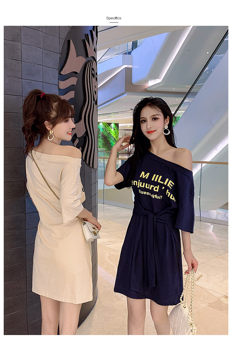 VK旗艦店 韓系時尚字母斜肩綁帶短袖顯瘦T恤短袖洋裝