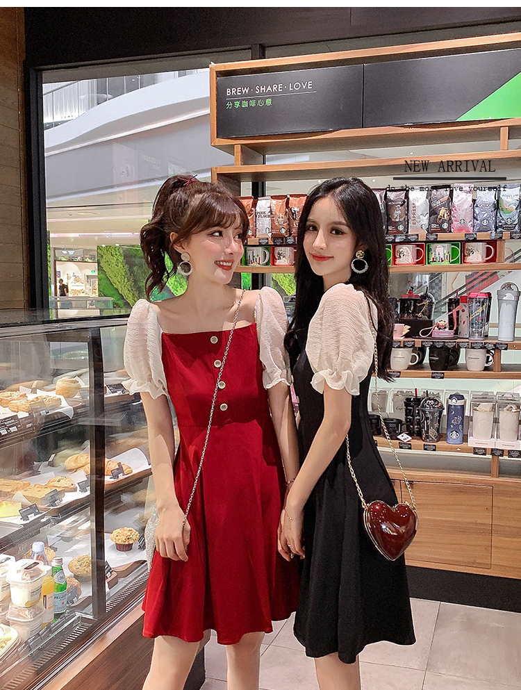 VK旗艦店 韓系一字領性感露肩收腰顯瘦泡泡袖短袖洋裝