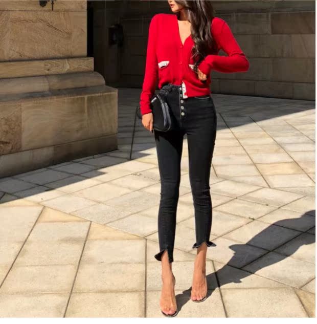 Split Slim Pencil Quần nữ Hàn Quốc Dongdaemun New Joker Thời trang Nail Buckle High Eo Slim Nine Jeans quần jean nữ ống đứng