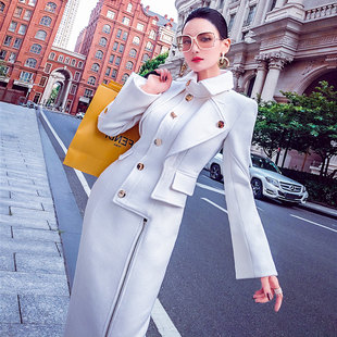 型色缤纷 Европа и америка красивый мода упаковать низ длина белый большой Вставать отворот тонкий юбка шерстяные пиджак