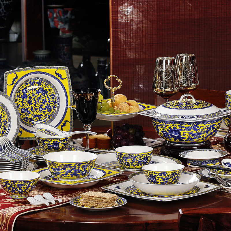 Jingdezhen blue and white porcelain tableware suit ceramic bowl dish 62 skull bowls disc suit household five blessings