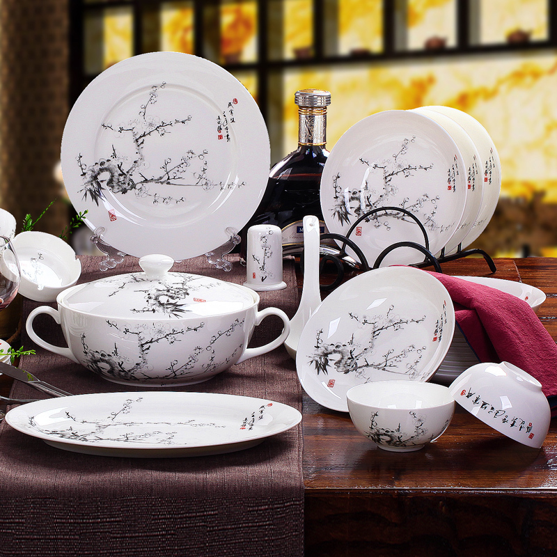 Master Hongxin Designs a 56-Piece Bone China Dinnerware Set, Plates and Bowls, Jingdezhen Bone China Tableware, Bowls and Plates