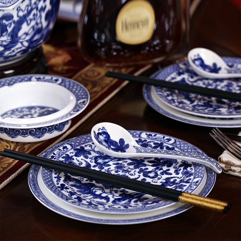 Red xin ceramic household of Chinese style dishes suit jingdezhen blue and white porcelain tableware portfolio ipads bowls plates gifts