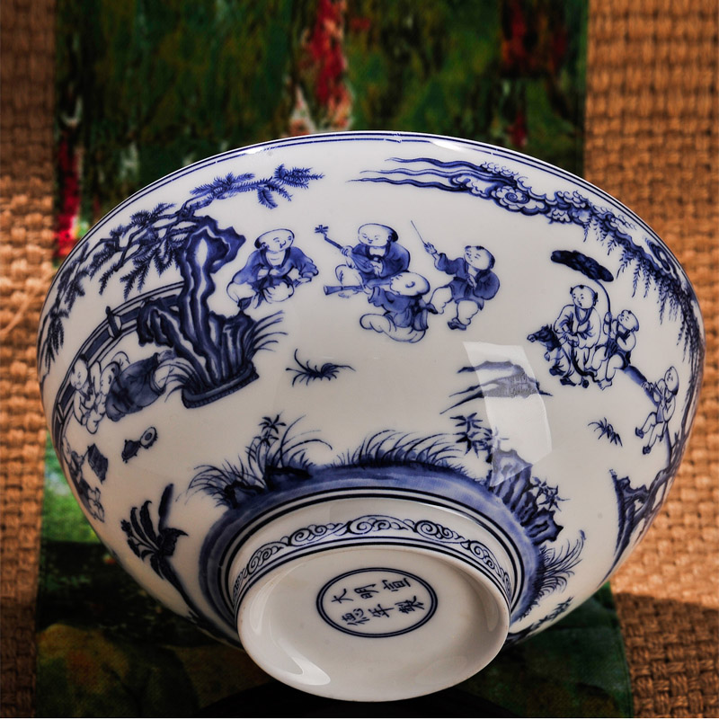 Jingdezhen blue and white porcelain baby play figure checking ceramic bowl rainbow such use tableware suite instant noodles bowl of the big job