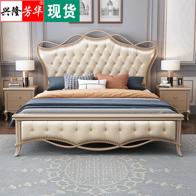 American bed Light luxury solid wood double bed 1 8 meters soft back storage wedding bed 1 5 master bedroom European princess modern and simple