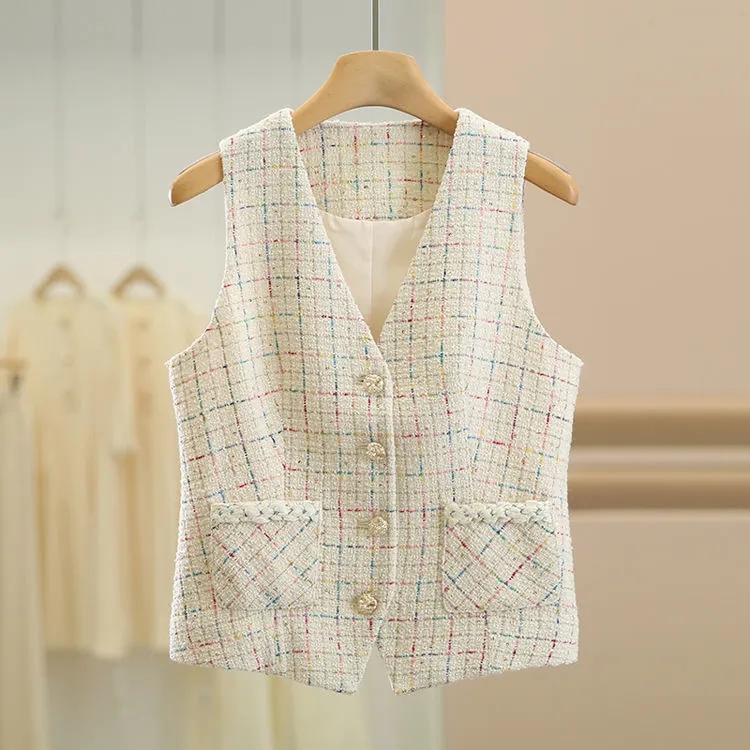 Tweed Style Vest for Women, Fashionable Sequined Sleeveless Vest, New Tweed Waistcoat, Short Top, Jacket, Spring & Fall Style Tweed Style Vest for Women, Fashionable Sequined Sleeveless Vest, New Tweed Waistcoat, Short Top, Jacket, Spring & Fall Style