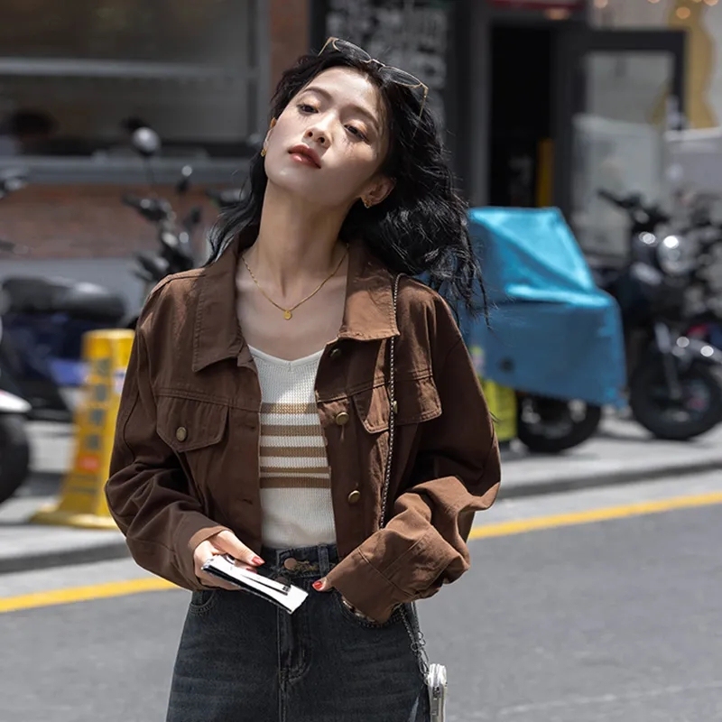 High-End Melard-Style Coffee-Colored Long-Sleeved Jacket for Women, 2025 Spring New Style, Slim-Fit Short Workwear Jacket for Petite Figures