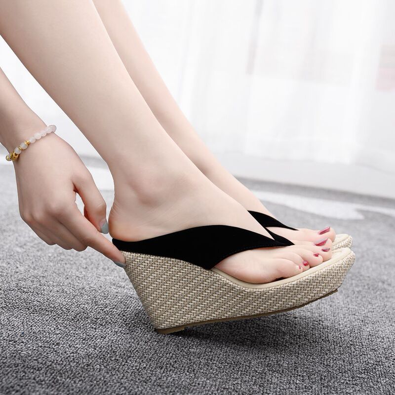 9cm Daily Wedge Sandals, High-Heeled Beach Shoes, Large Size Flip-Flops, Summer Platform Sandals, Thick-Soled Slippers for Women