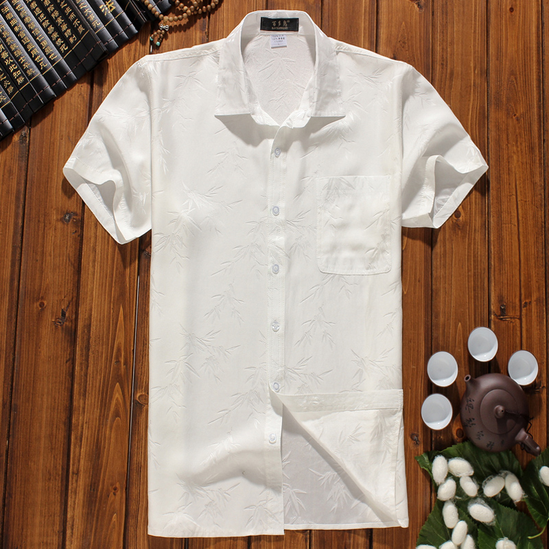 Spring slim fit in old age mulberry silk short sleeve shirt male summer fit loose large size daddy dress middle-aged men's shirt