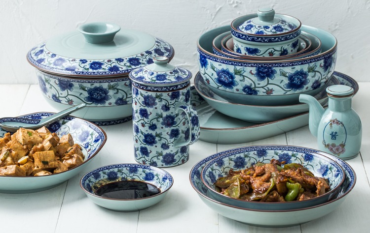 Đồ gốm sứ guanfu Jingdezhen sứ màu xanh và trắng bát đĩa dao kéo bộ màu xanh lá cây sứ cổ bát bát súp nhà bát khay inox đựng thức ăn