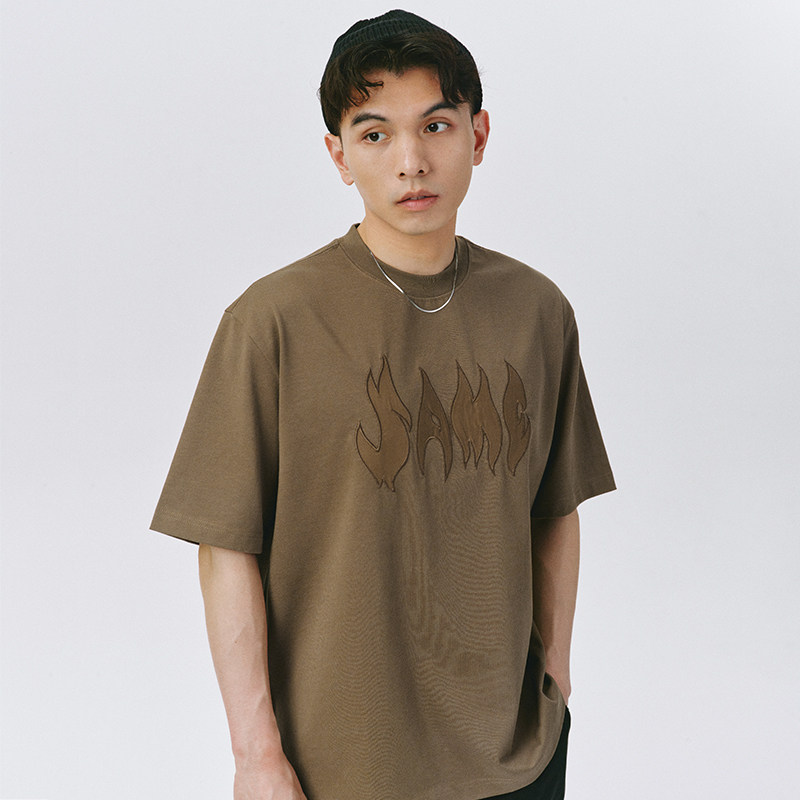 SAMESAME22SS Coffee flame embroidery American street loose T-shirt hip hop round collar knit short sleeve male and female