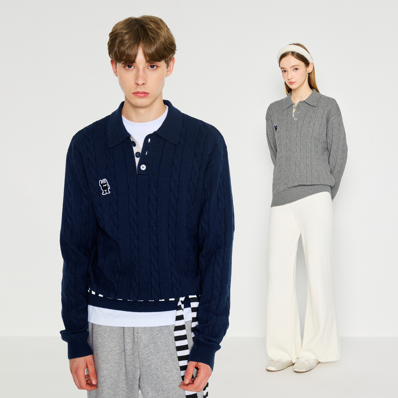 Mysamesame25Aw Coarse Textured Twisted Color-Blocked Polo Sweater Loose Basic Versatile Knitwear for Autumn and Winter