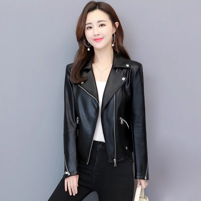 Spring and Autumn Haining Leather Jacket for Women, Short Style 2026 New Korean Version Slimming Motorcycle Leather Jacket with Turn-Down Collar