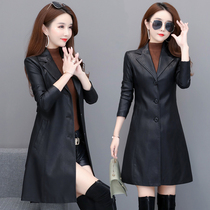 Haining leather jacket womens middle long leather trench coat 2022 spring and autumn new Korean version slim slim suit collar temperament coat