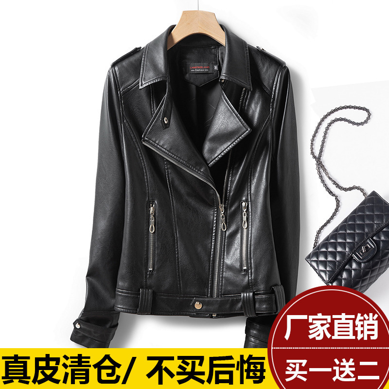 2026 Spring and Autumn New Haining Genuine Leather Jacket for Women, Short Fashionable Black Sheepskin Motorcycle Leather Jacket