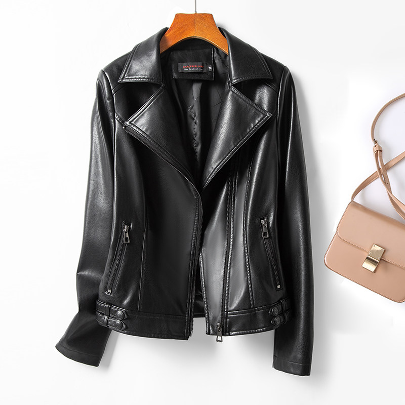 Кожаная куртка Haining leather, женская короткая приталенная модная корейская версия мотоциклетной кожаной куртки из овчины большого размера, черная маленькая куртка Изображение 1