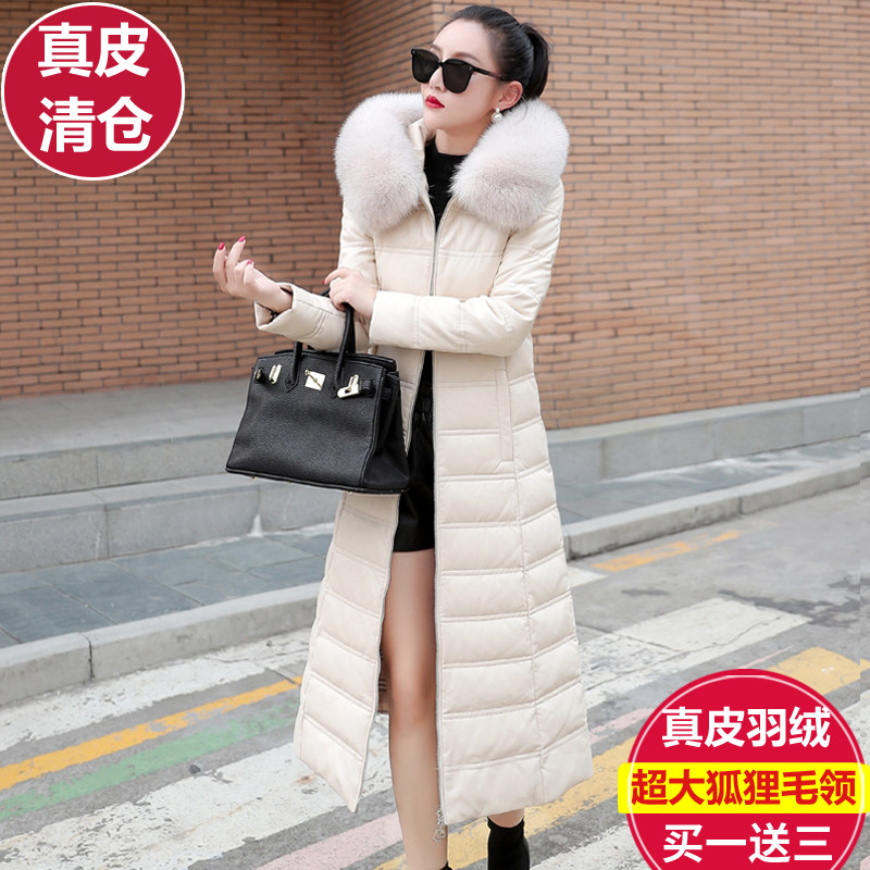 2022 winter new style leather down jacket women's slim mid-length thickened hooded fox fur Haining fur coat