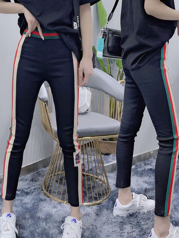 Letter Labeling Contrast Stripesd Leggings for Women Autum Fashion Outer Wear Shark Pants High Waist Casual Sports Nine-Point Pants