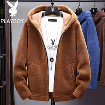 Playboy lambskin jacket mens hooded autumn and winter granular velvet thickened jacket mens fur all-in-one trend mens clothing