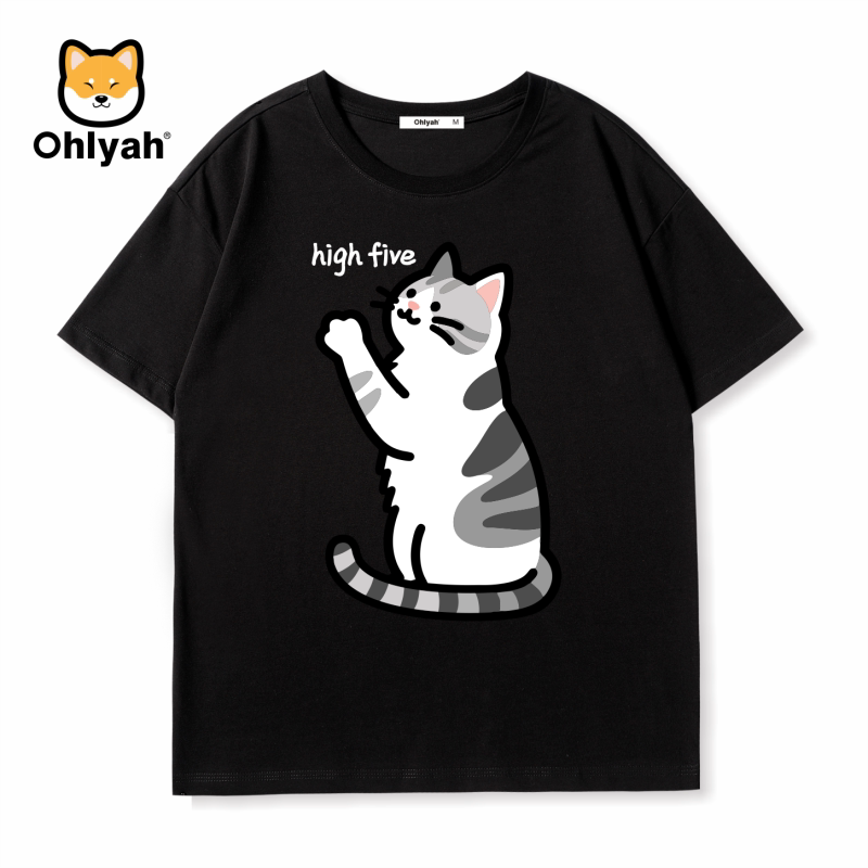 Sugu Brand Waving Cute Pet Tabby Kitten Print Short-Sleeve T-Shirt Unisex Pure Cotton Loose Fit Couple Half-Sleeve Shirt