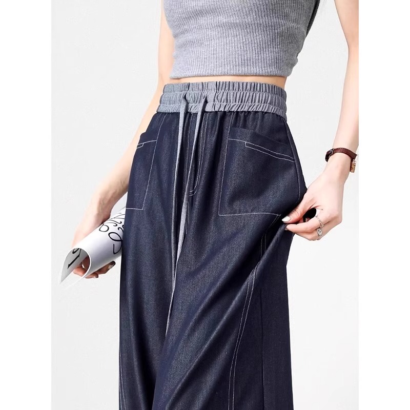 Plus Size Denim Blue Faux Tencel Wide-Leg Pants for Women, Summer Ice Silk Navy Blue Drape Straight-Leg Sweatpants