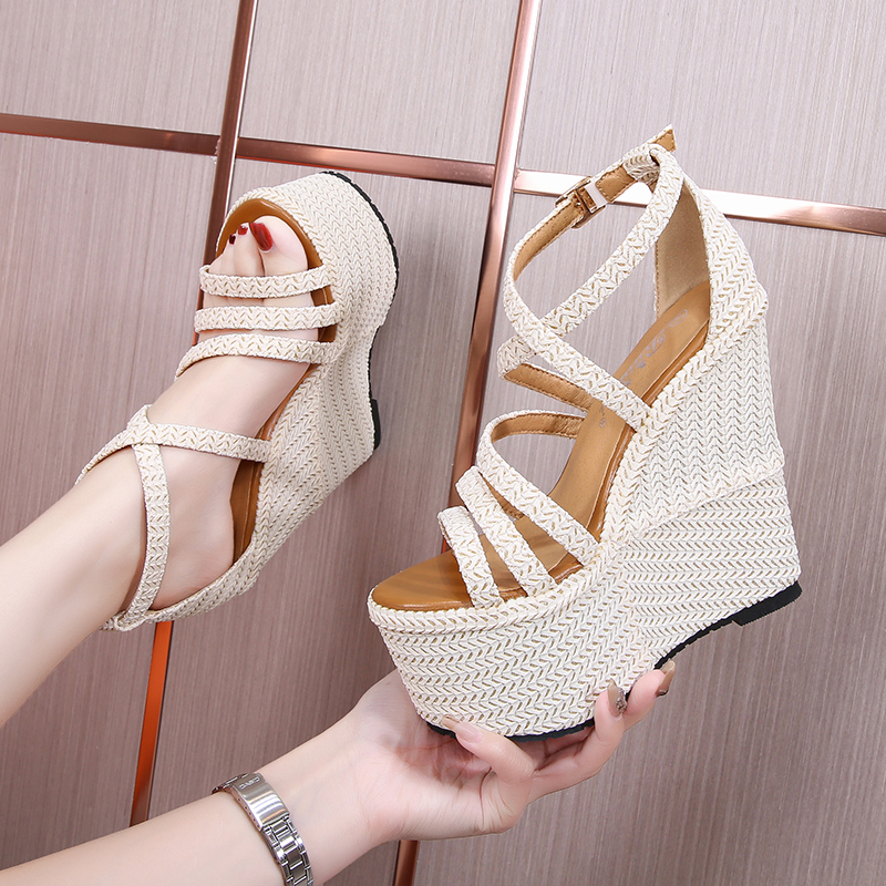 Spring and Summer Ultra-High Heel Wedge 16cm Fashionable Cross-Strap Small Size Platform Thick-Soled Waterproof Open-Toe Versatile Women's Sandals
