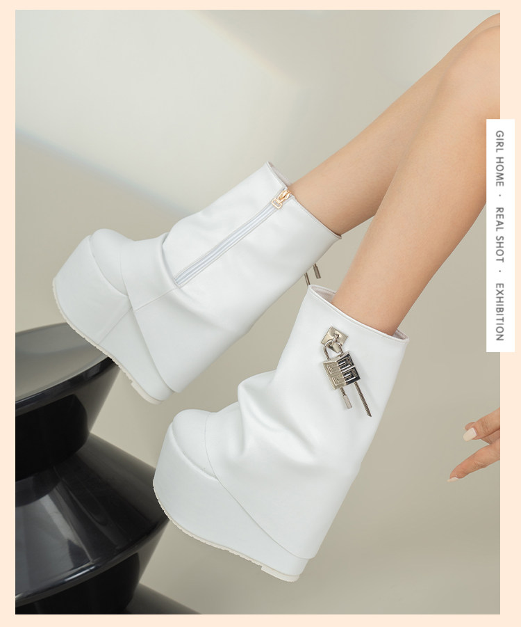 Boot nữ cổ thấp khóa kéo gót siêu cao 15 cm phong cách Âu Mỹ — Trắng, đen chi tiết 6
