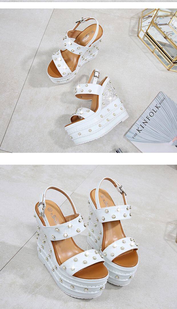 Sandal nữ cao gót 16 cm dây chữ T hở mũi đính ngọc trai có khóa — Trắng, quả mơ, đen chi tiết 4