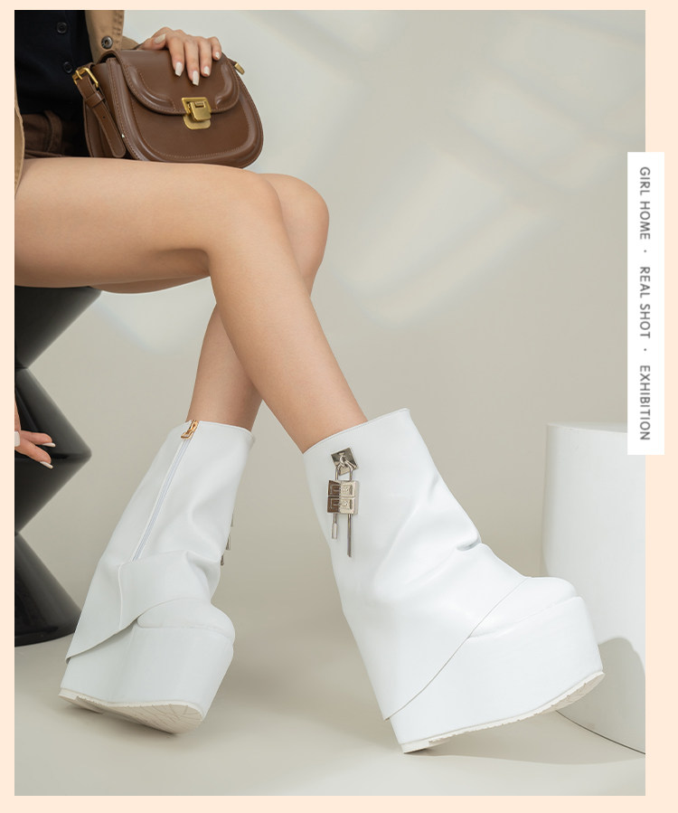 Boot nữ cổ thấp khóa kéo gót siêu cao 15 cm phong cách Âu Mỹ — Trắng, đen chi tiết 19
