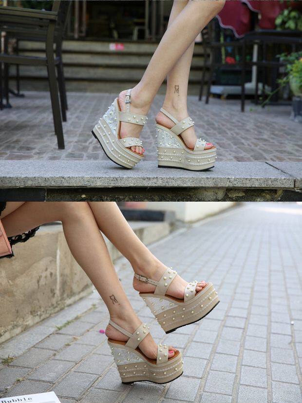Sandal nữ cao gót 16 cm dây chữ T hở mũi đính ngọc trai có khóa — Trắng, quả mơ, đen chi tiết 9