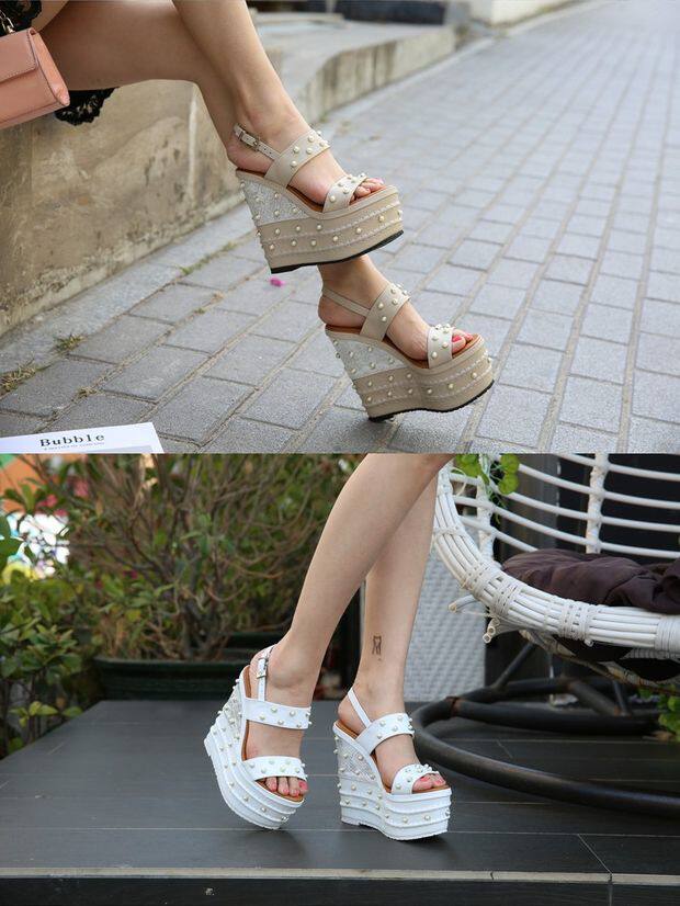 Sandal nữ cao gót 16 cm dây chữ T hở mũi đính ngọc trai có khóa — Trắng, quả mơ, đen chi tiết 10