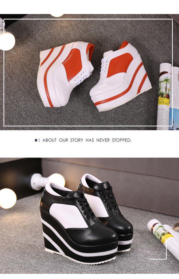 Giày sneaker nữ chunky đế dày 15 cm buộc dây, phong cách casual thu đông — 10cm màu cam trắng, 12CM đen trắng, 12cm màu cam trắng, 15CM đen trắng chi tiết 11