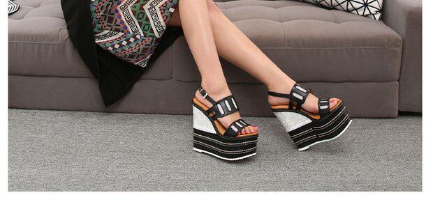 Giày cao gót nữ đế xuồng platform siêu cao 16 cm, mũi nhọn, chất liệu lưới thoáng khí — màu cam, đen chi tiết 24
