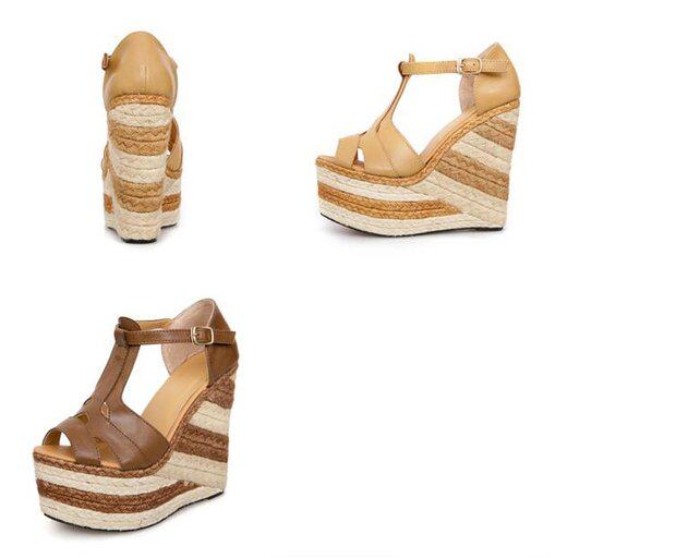 Sandal cao gót nữ phong cách dân tộc, đế espadrille dày, quai La Mã — kaki, nâu, đen chi tiết 18