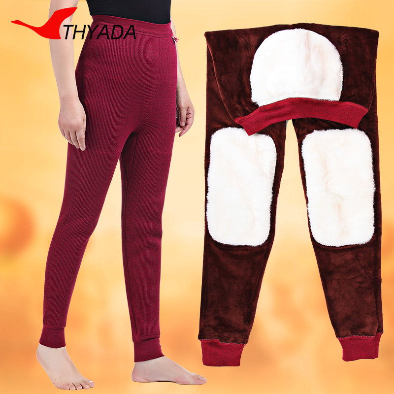 Middle aged warm pants female high waist winter thickened plus suede plus mast size Rex rabbit hair care kneecap thermal pants old cotton pants
