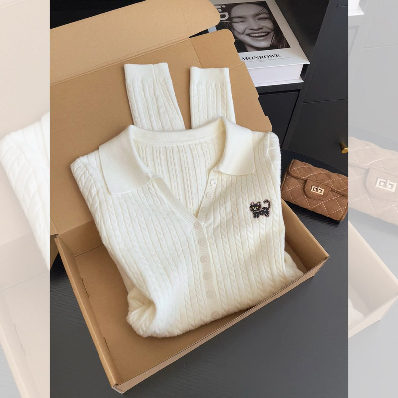 White Half-Open Collar Embroidered Kitten Knit Sweater Cable Knit Sweater for Women 2026 New Autumn Style Can Be Worn Outside or as an Inner Layer Top