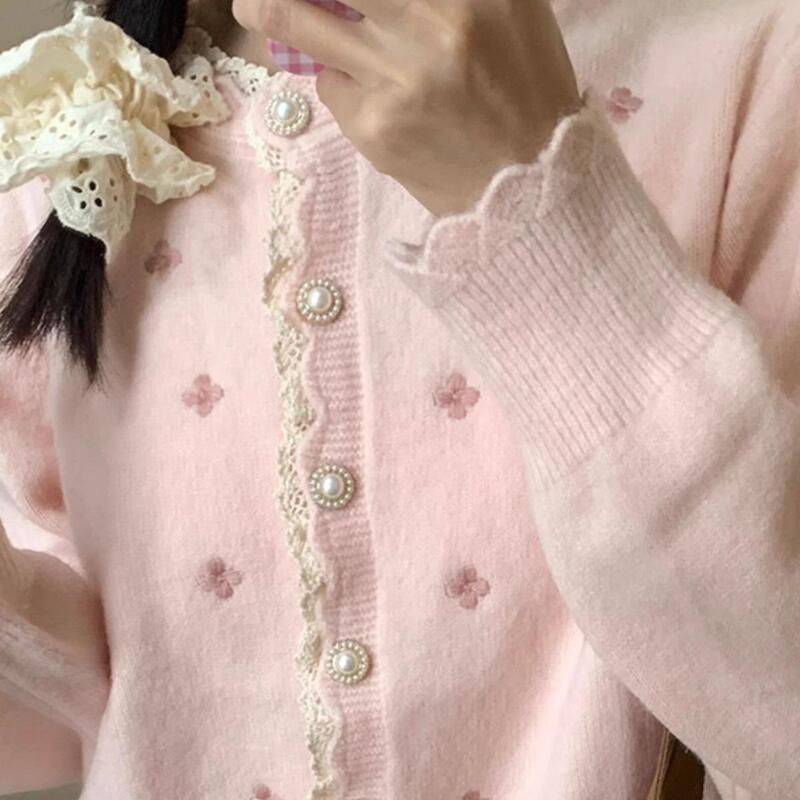 Pink Sweet Lace Trim Sweater Jacket for Women 2026 Spring Design Embroidered Knit Cardigan Short Top