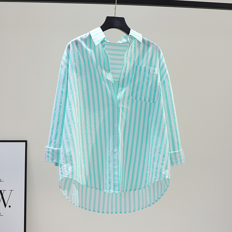 Green Vertical Striped Long-Sleeved Pure Cotton Shirt for Women, Mid-Length Shirt, 2026 Spring, Fresh and Versatile, Sun-Protective Cardigan Green Vertical Striped Long-Sleeved Pure Cotton Shirt for Women, Mid-Length Shirt, 2026 Spring, Fresh and Versatile, Sun-Protective Cardigan