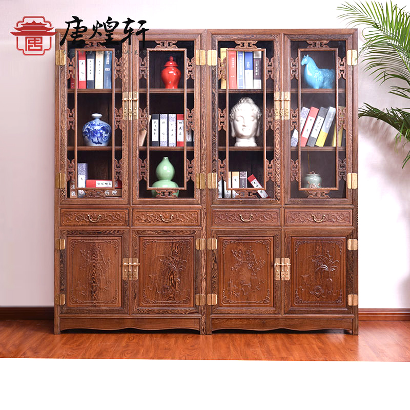 Mahogany furniture chicken wing wood glass double door bookcase bookcase solid wood carving storage cabinet Chinese antique storage cabinet