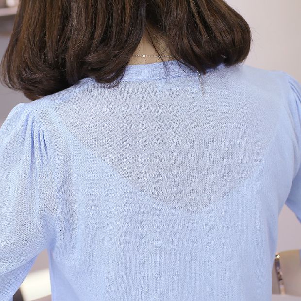 Mùa hè mới của phụ nữ phiên bản Hàn Quốc của áo len bảy điểm tay áo len áo len ngắn điều hòa áo sơ mi áo chống nắng phần mỏng áo len cổ tim