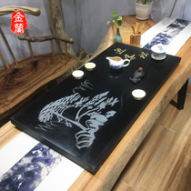 Natural Black Gold Stone tea tray whole piece of raw stone household simple tea set tray custom stone flowing water Tea Table large