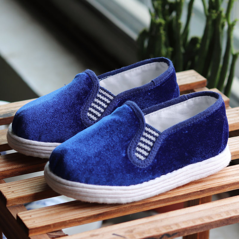 Original Pure Artisanal Ground Floor Children Cloth Shoes Deep Blue Gold Velvet A Foot Pedal Traditional Male And Female Shoes Breathable Sweat