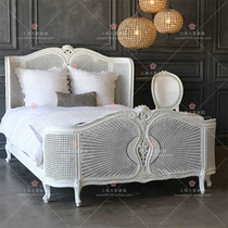 French retro white old rattan double bed wedding bed American country solid wood carved princess bed 1 5 meters 1 8