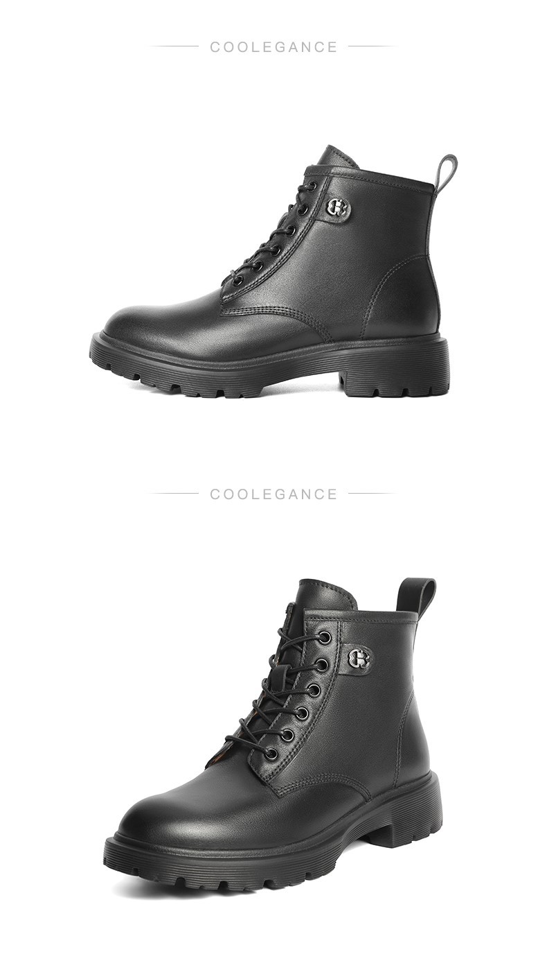 百丽暗黑马丁靴女冬新商场同款牛皮革加绒短靴3UP40DD1