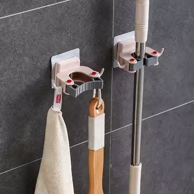 Mop clip adhesive hook hanger broom holder household powerful non-hole wall dressing room storage layer rack artifact