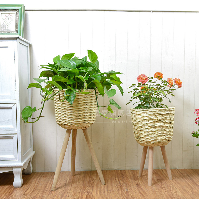 Nordic flower pot floor rattan woven grass woven woven flower basket Creative flower rack Simple decorative Golden Ge flower pot rack
